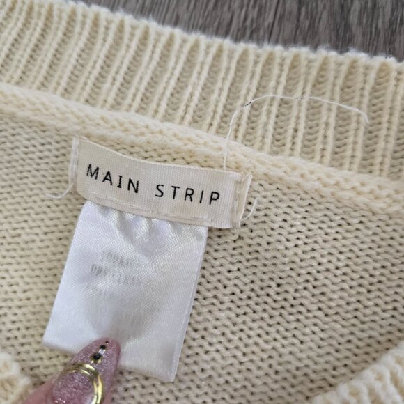 Main Strip Knit Sweater V-Pattern Green & Cream Cozy Pullover size medium - Picture 4 of 5